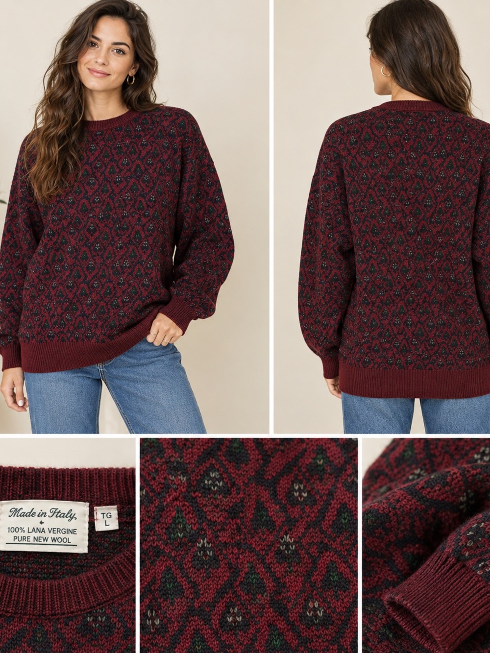 Vintage Italian Wool Jacquard Sweater — Burgundy & Black 1980’s size xl